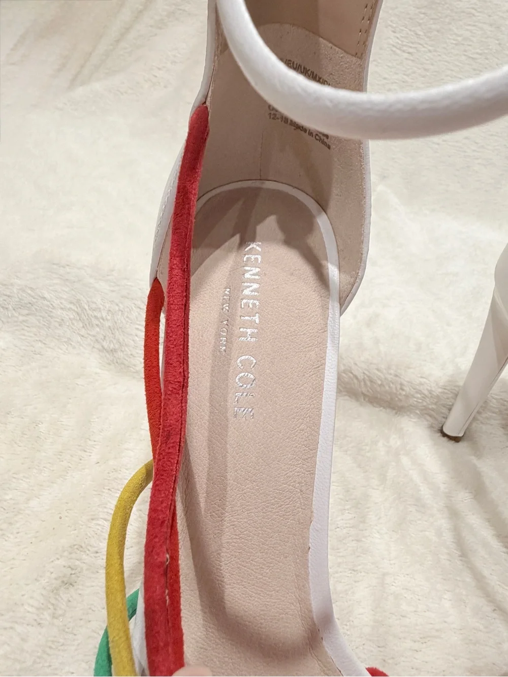 Kenneth Cole NY Barletta White Stiletto‎ Sandals with Rainbow Straps - 8.5